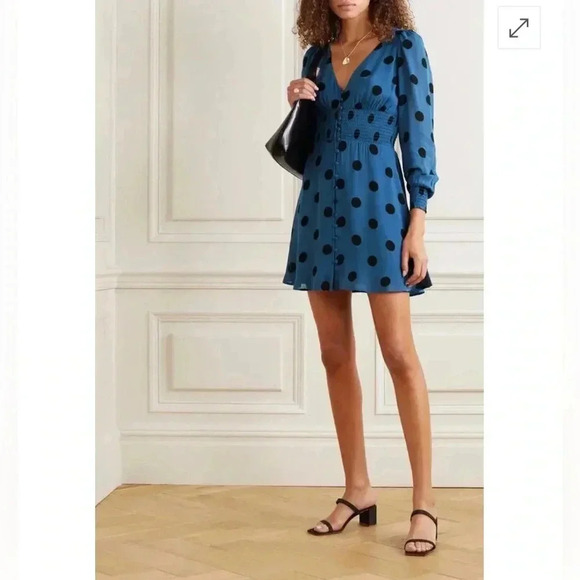 REFORMATION Womens 0 Alani Shirred Polka-Dot Georgette Mini Dress Blue - Picture 4 of 14